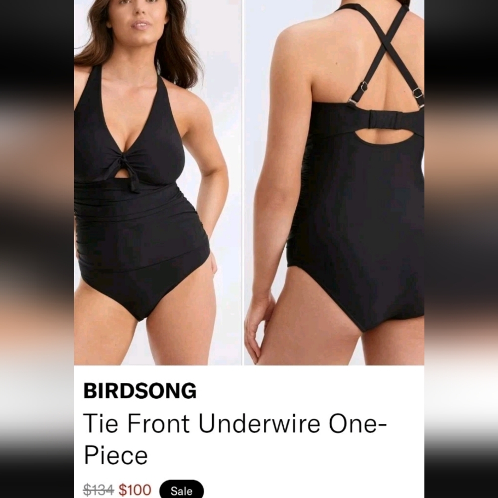 $135 Birdsong Tie Front Underwire One-Piece Swimsuit Black 14 J/K NWT